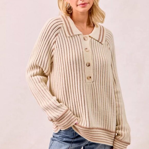 BiBi Sweaters - BiBi Half Button Ribbed Two Tone Sweater